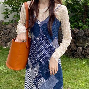 Sleeveless v-neck stitching patchwork midi dress